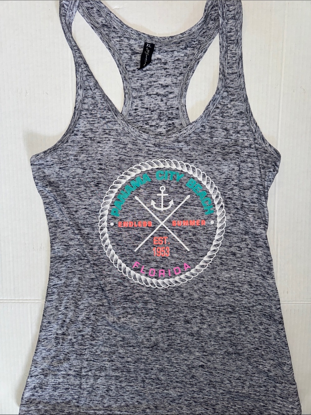 Gray Graphic Racerback Tank Top with Nautical Print